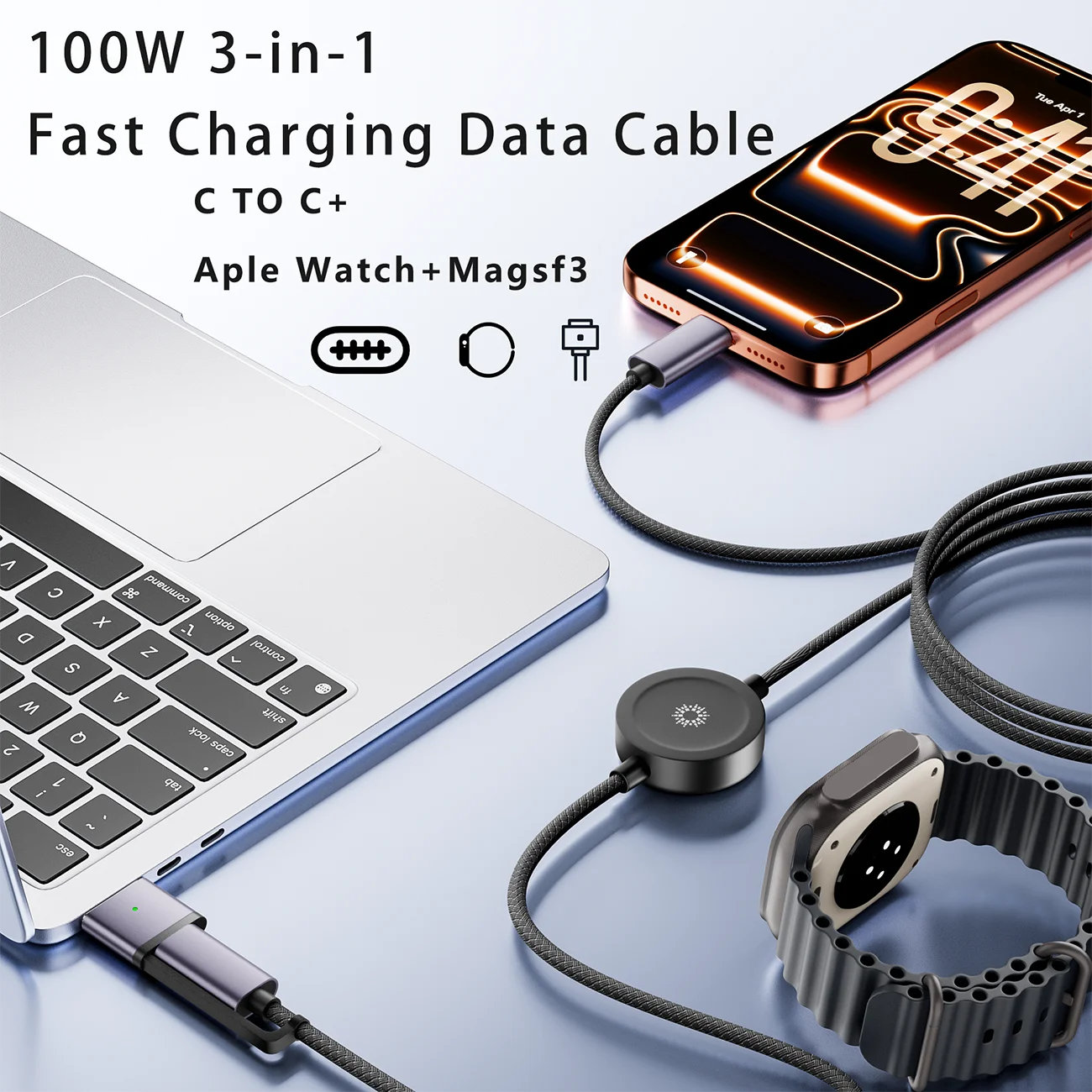 Travel Essential 100W USB‑C to Magnetic 3rd Safe Charging Cable With Smart‑Watch Magnetic Converter For 14‑Inch 16‑Inch Laptops