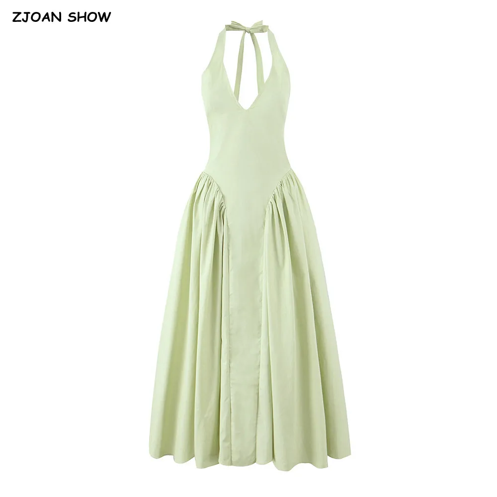 

2025 Sexy Light Green Bow Halter V Collar Sling Dress Women Low Waist A-Line Pleated Swing Long Backless Dresses Party Robe