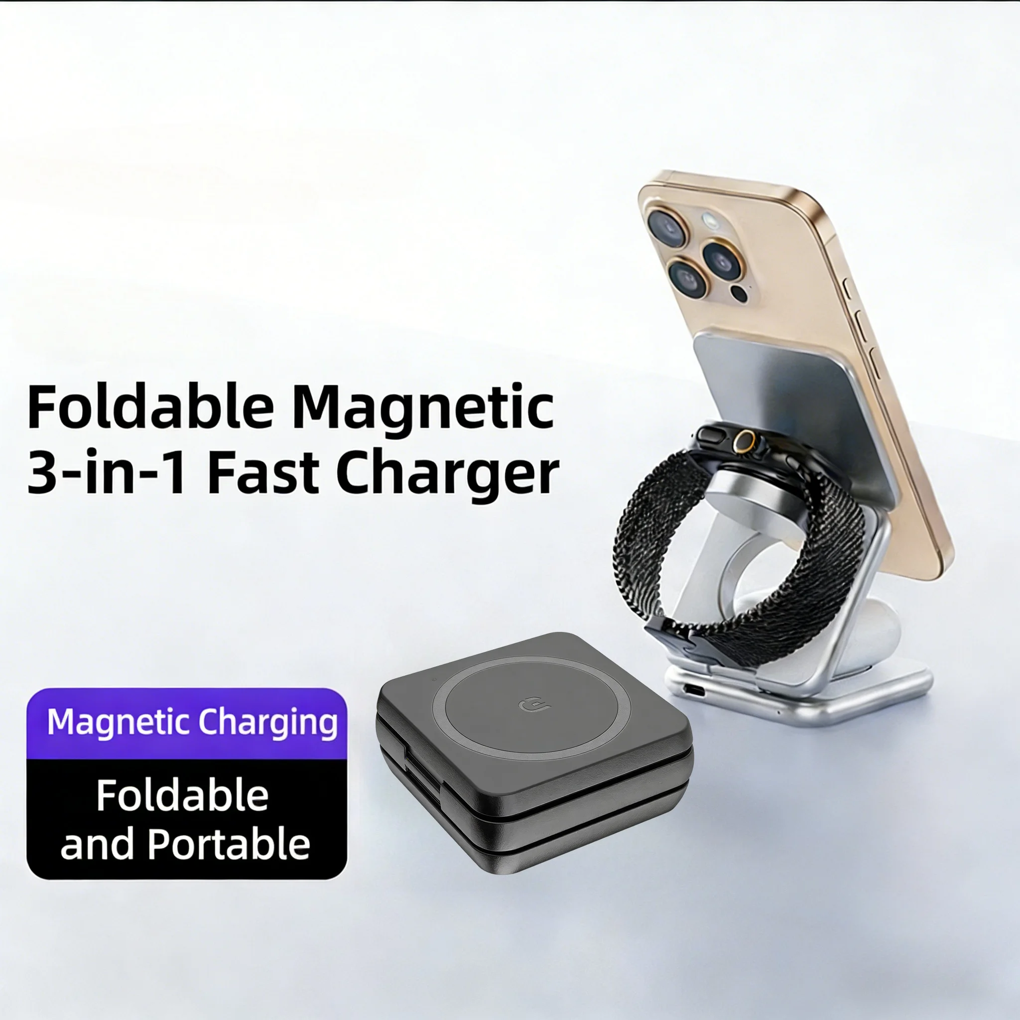

Metal 3 in 1 Magnetic Wireless Charger Stand Foldable Fast Charging Station For iPhone 17 16 15 14 13 12 Pro Max iWatch Samsung
