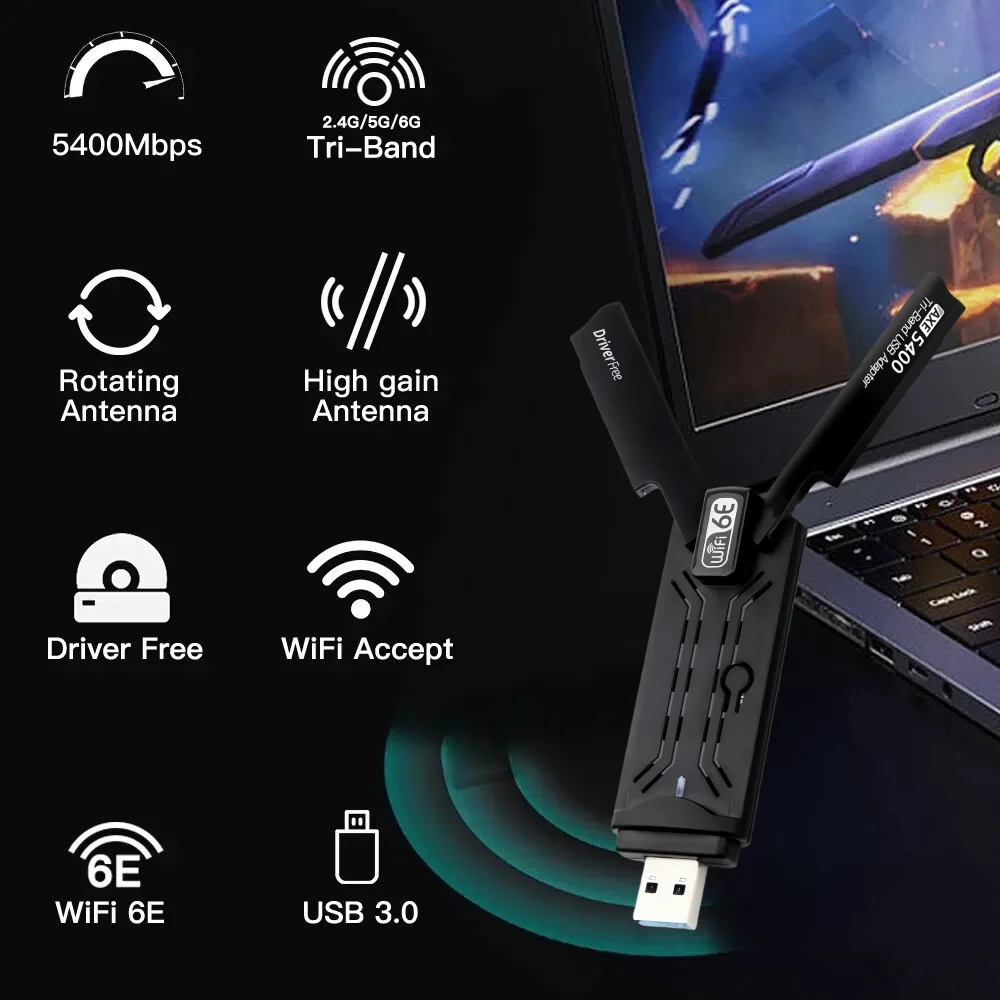 5400Mbps WiFi 6E AX5400 Adapter Tri Band 2.4G/5G/6GHz Wi-Fi USB 3.0 Dongle High Gain Antenna Wireless Network Card Driver Free