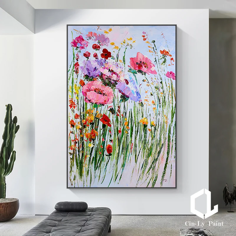 

Handmade Oil Painting Modern Wall Art On Canvas Flowers Knife Thick Textured Light Luxury Mural For Living Room Corridor Decor