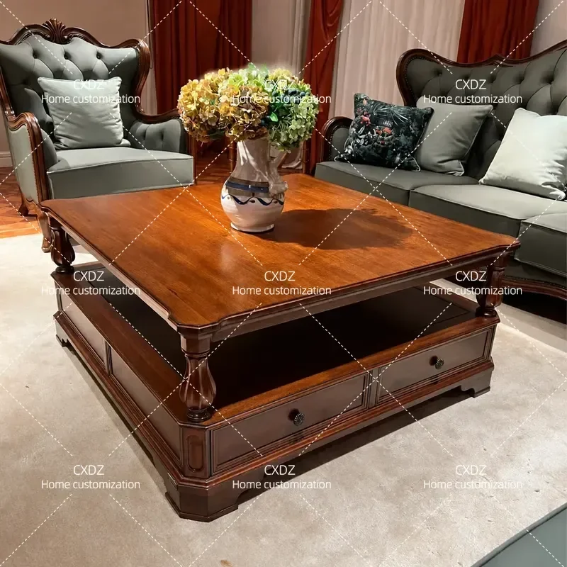 Retro Solid Wood Coffee Table Square Tea Table for Living Room Small Apartment Villa Home Furniture