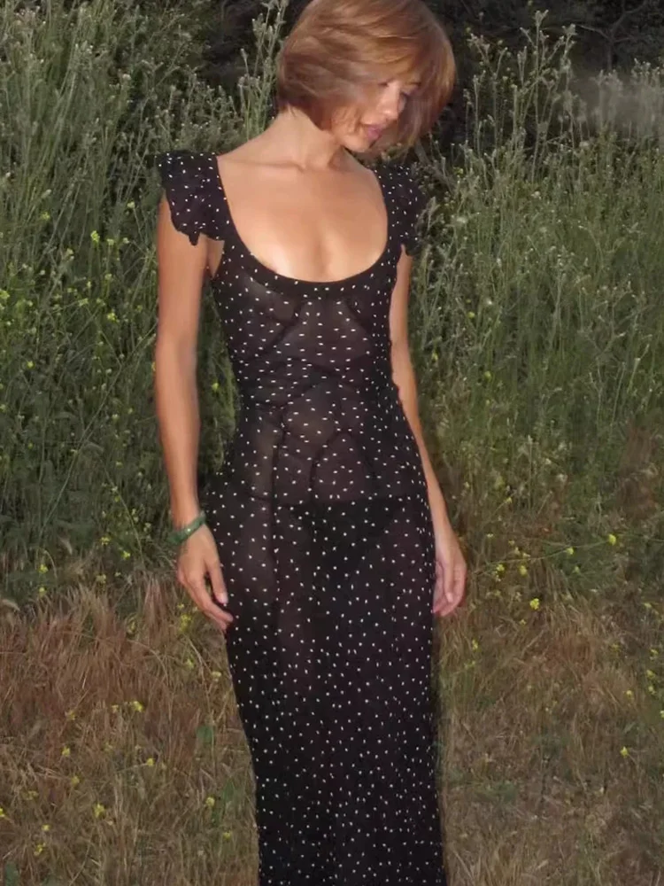 블라 폴카 도트 브라이드메이드 드레스 러플 밸 슬리밍 롱 스트랩 리포메이션 드레스 프렌치 스타일 봄 여름