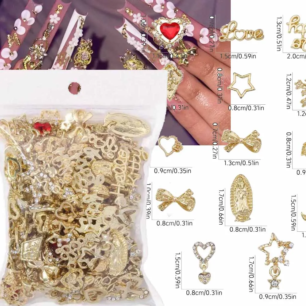 40/50 pièces 3D mixte métal arc/Fleur Rose/Goutte étoile ongles breloques 8-12mm alliage d'or coeur/croix Nail Art avec vierge marie ongles bijou