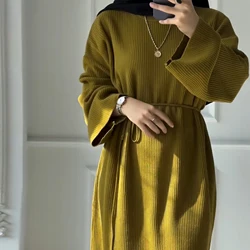 Warm/Winter Warm Ribbed Knit Abaya Muslim Long Women Dress Modest Hijabi Islamic Clothing-Stand Collar, Long Sleeve, Side Pocket