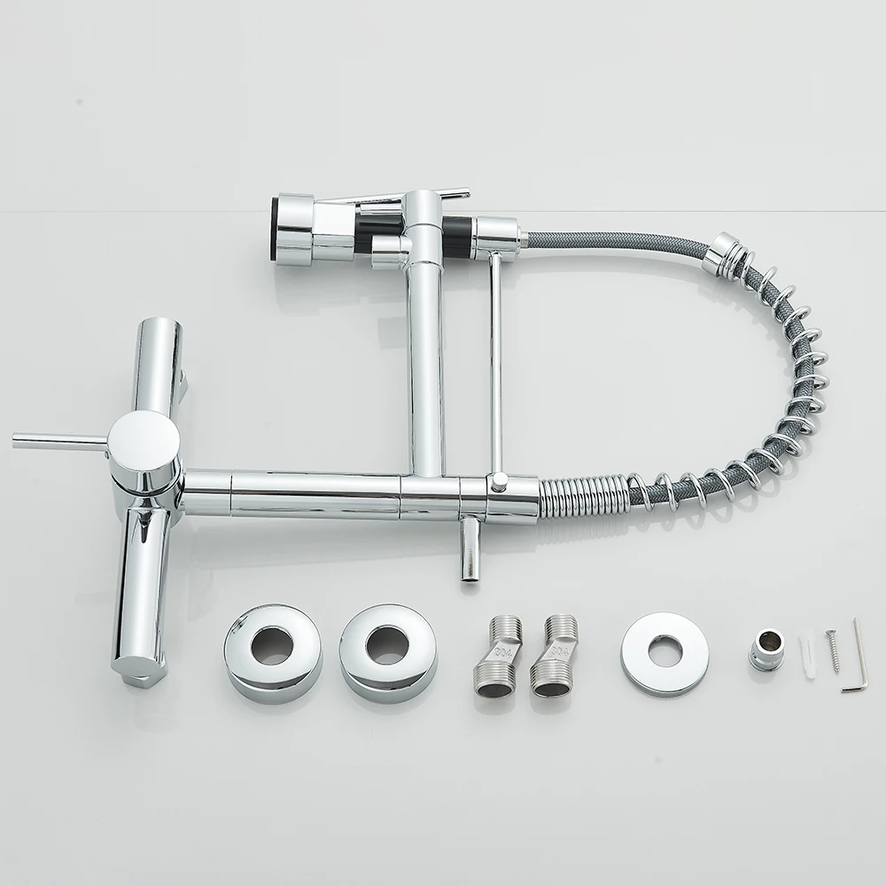 صنبور المطبخ الأسود صنابير المياه الساخنة والباردة الحائط الحنفية سفينة بالوعة صنبور حوض خلاط الربيع المزدوج قطب ينبثق بالوعة خلاط رافعة