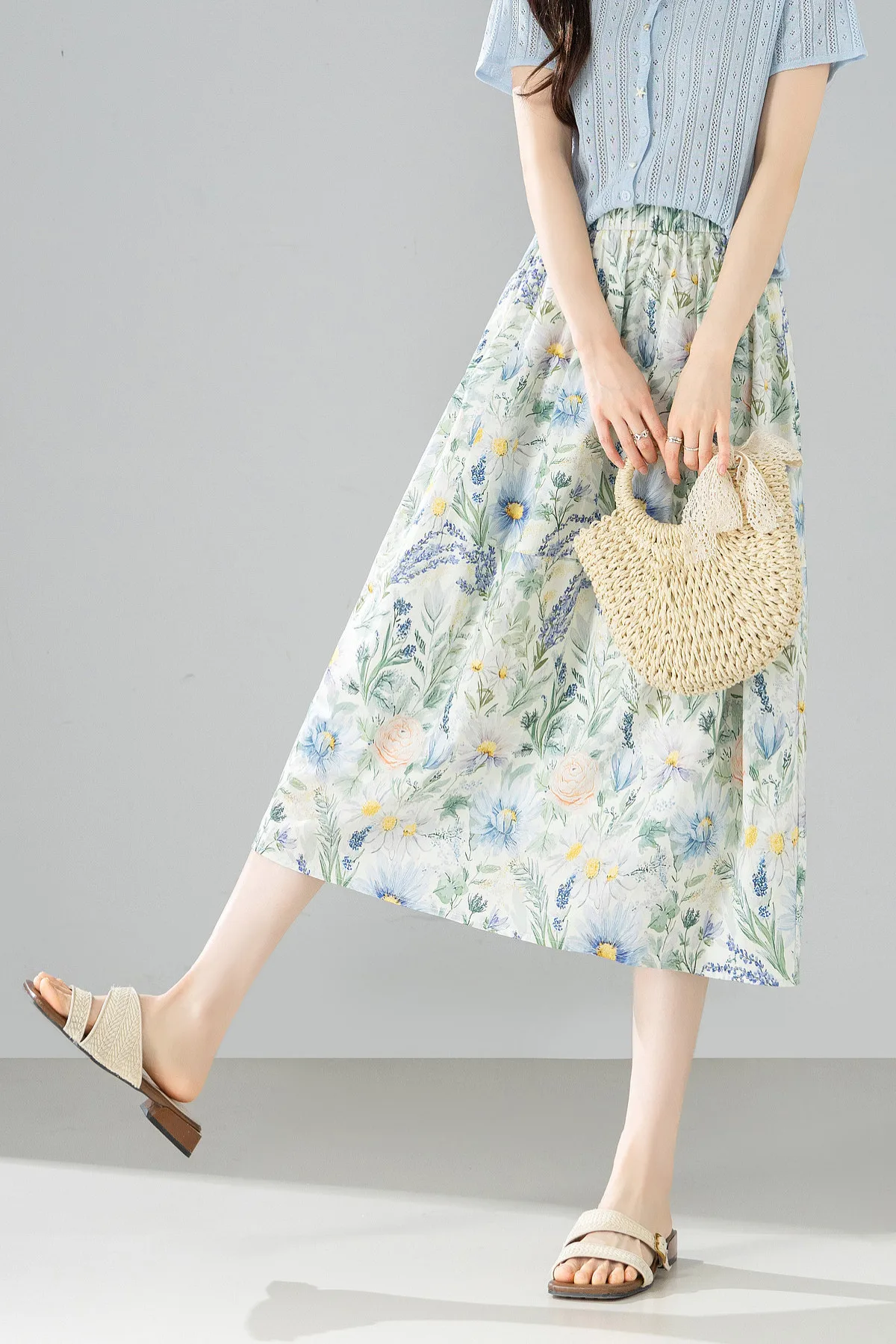 SENTUBILA 100% Baumwolle Blumendruck Rock Damen 2026 Sommer Französischer Landhausstil Urlaub Strand Midi Rock 162QA7634 – Detail 10