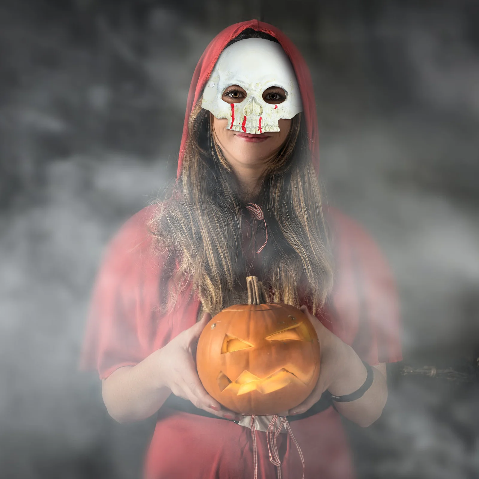 Maschera con motivo a sangue a forma di teschio Mezza faccia Costume di Halloween Maschera spaventosa leggera Decorazione horror Decorazioni di Halloween