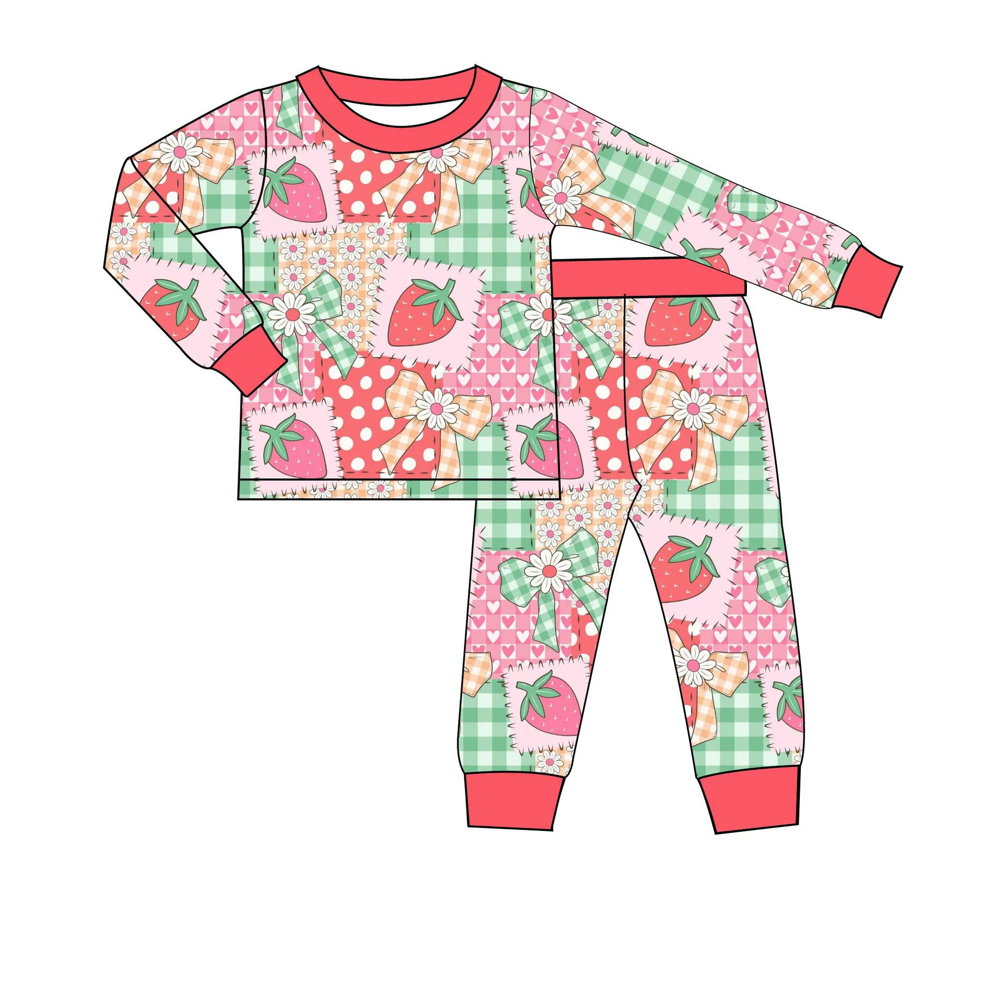 

Boutique long-sleeved and long-legged kid's sets strawberry bow print children's clothing sets milk silk fabric wholesale