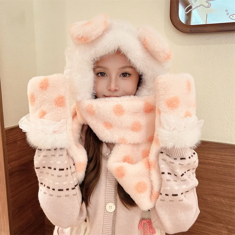 

New Plush Plush Hat Warm Three-piece Set Versatile Hat Rabbit Ears Windproof Winter Scarf Winter