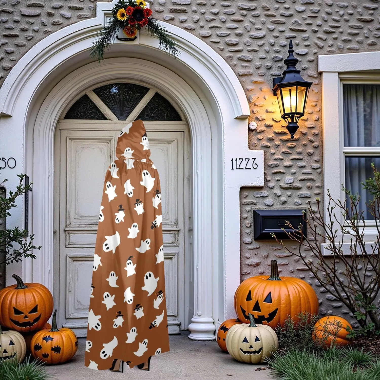 Halloween Ghost Witch Hat Pattern Hooded Cloak for Adults, Halloween Costume Cape for Women Men