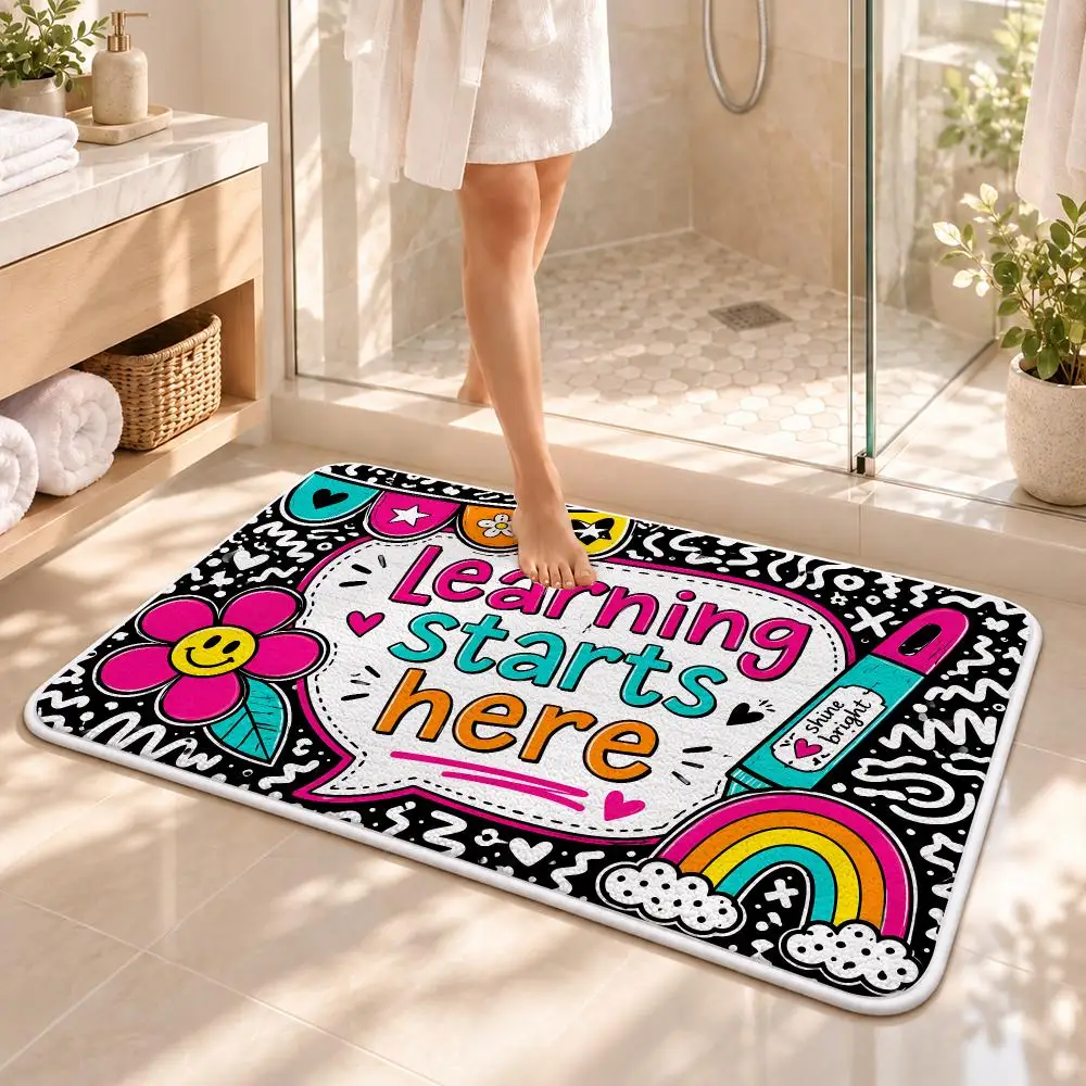 Groovy Theme Classroom Floor Mat Flannel Rug Soft Non Slip Washable Door Mat for Bathroom Bedroom Kitchen Home Decor