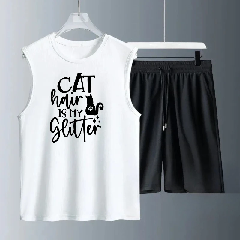 بدلة سترة رجالية صيفية بدون أكمام مطبوعة على شكل قطة قطع علوية + شورت بدلة للرجال طقم ملابس صيفي للرجال طقم ملابس سريع الجفاف #1