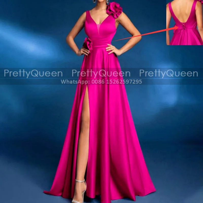 

Hot Pink A Line Bridesmaid Dresses Side Split Flower Plunging Neck V Back Customized Wedding Party Dress Maid Of Honor