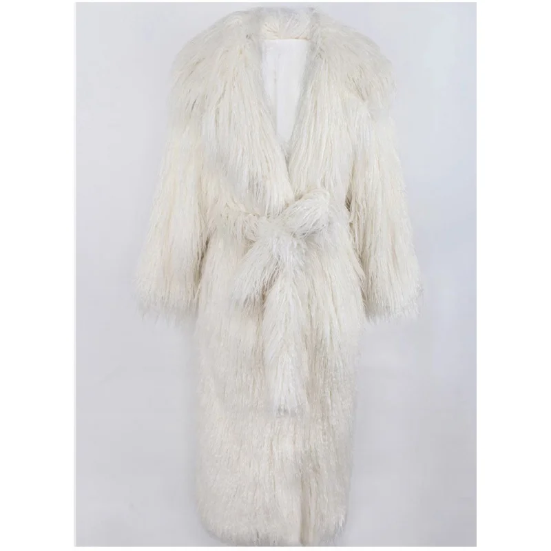 Women's Fur Coat Wool Trench Long Belted Blazer Collar Casual Warm Eco-friendly Fur Coat Plus Size