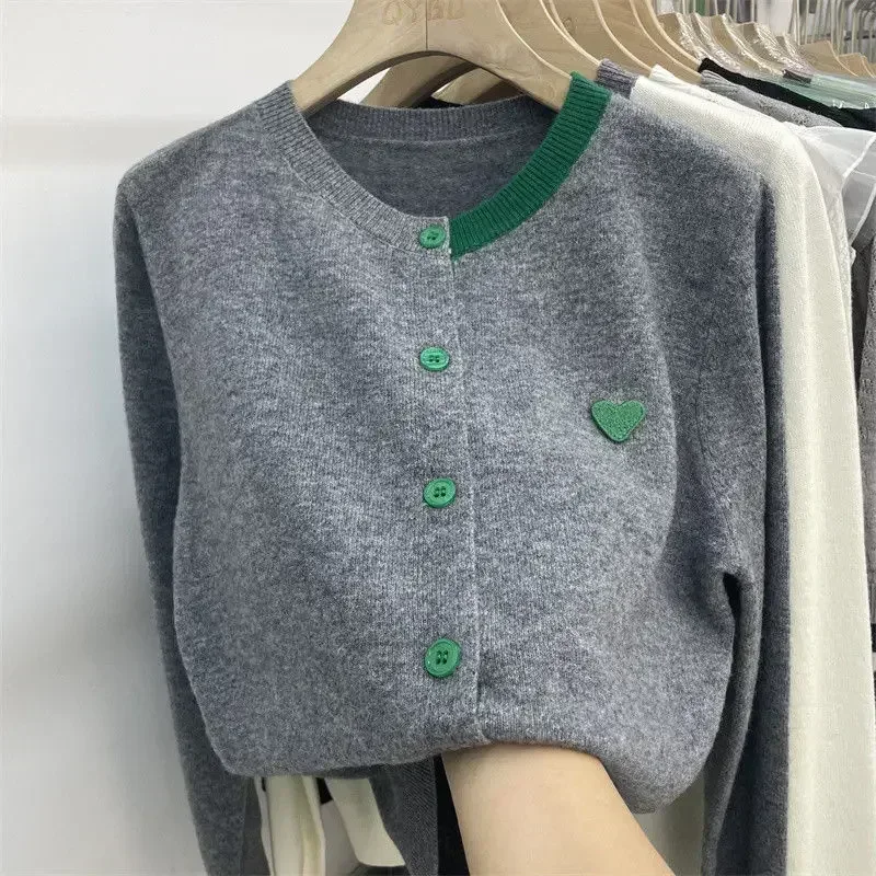 

CHAXIAOA Women Winter Knit Cardigan Single-breasted Round Neck Color Matching Elastic Warm Sweater Coats