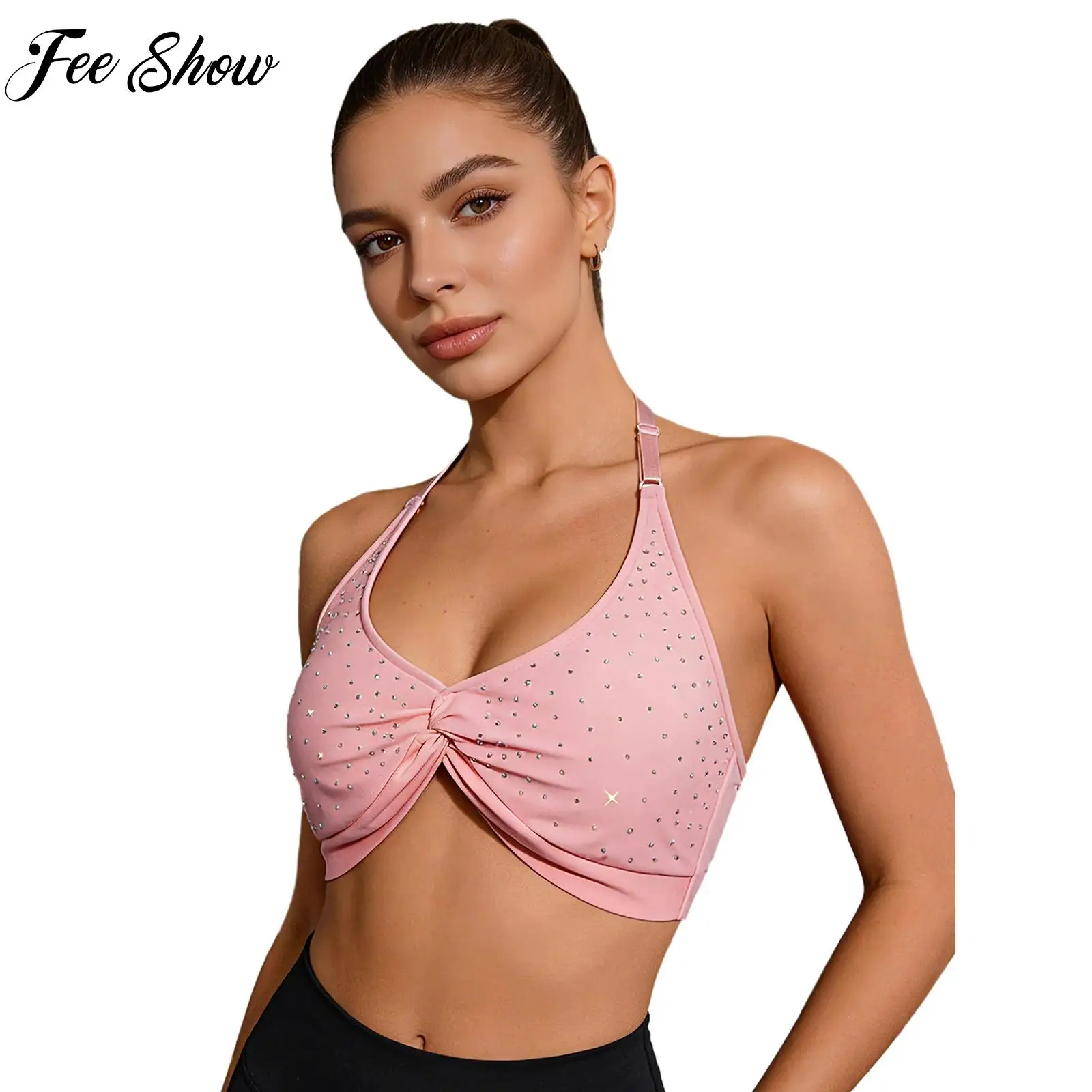 

Gym Tops Womens Yoga Bra Adjustable Halter Deep V Bra Removable Padded Sports Bra Knot Front Shiny Rhinestones Workout Crop Top