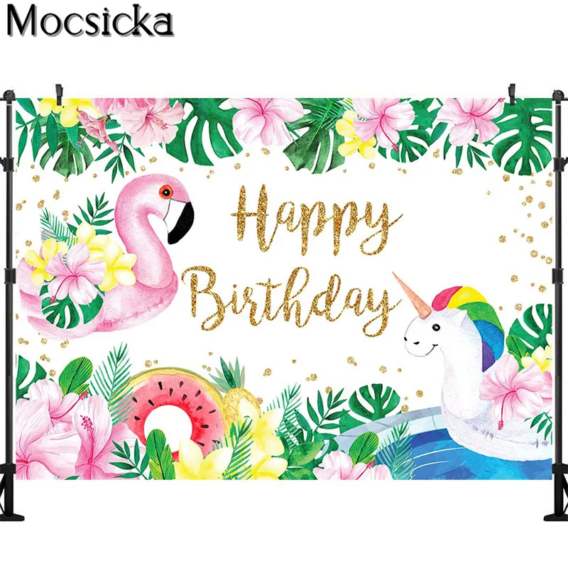 Flamingo Geburtstag Fotografie Kulissen Tropical Green Leaf Blumen Foto Hintergrund Kuchen Tisch Decor Banner Foto Requisiten Studio