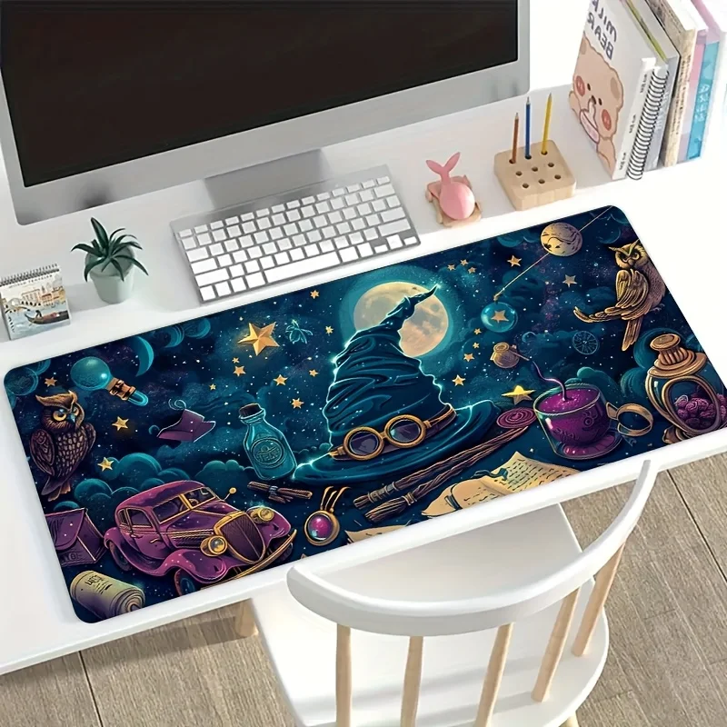 Enchanted Night Sky Mouse Pad with Wizard Hat Owl & Potion Bottle Design – Large Fantasy-Themed Desk Mat for Office