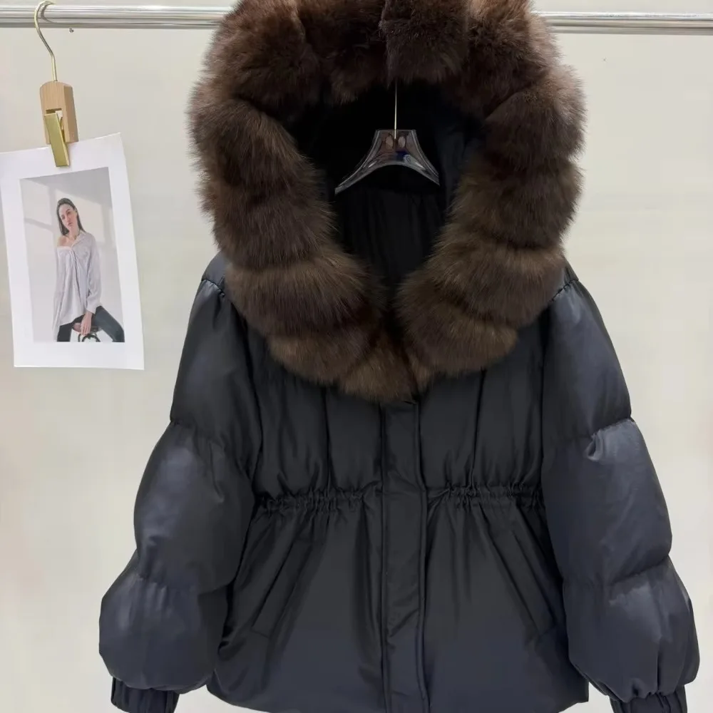 OFTBUY 90% White Duck Down Real Fox Fur Puffer Coat Drawstring Waist Winter Outerwear For Cold Weather Women Short Down Parka