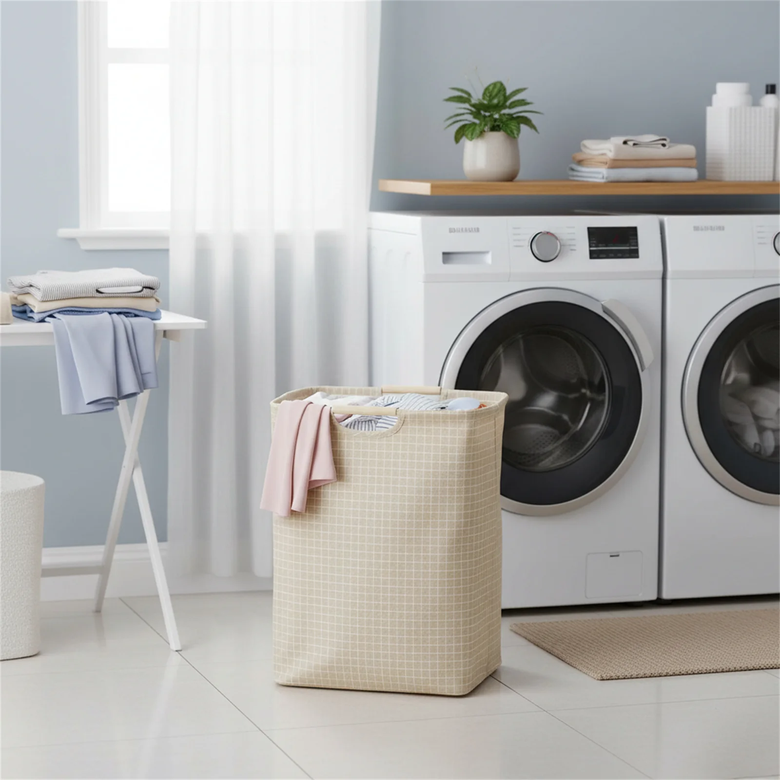 折りたたみ式コットンリネンランドリーバスケット、木製ハンドル付き、防水収納ハンパー、家庭用寝室、浴室用