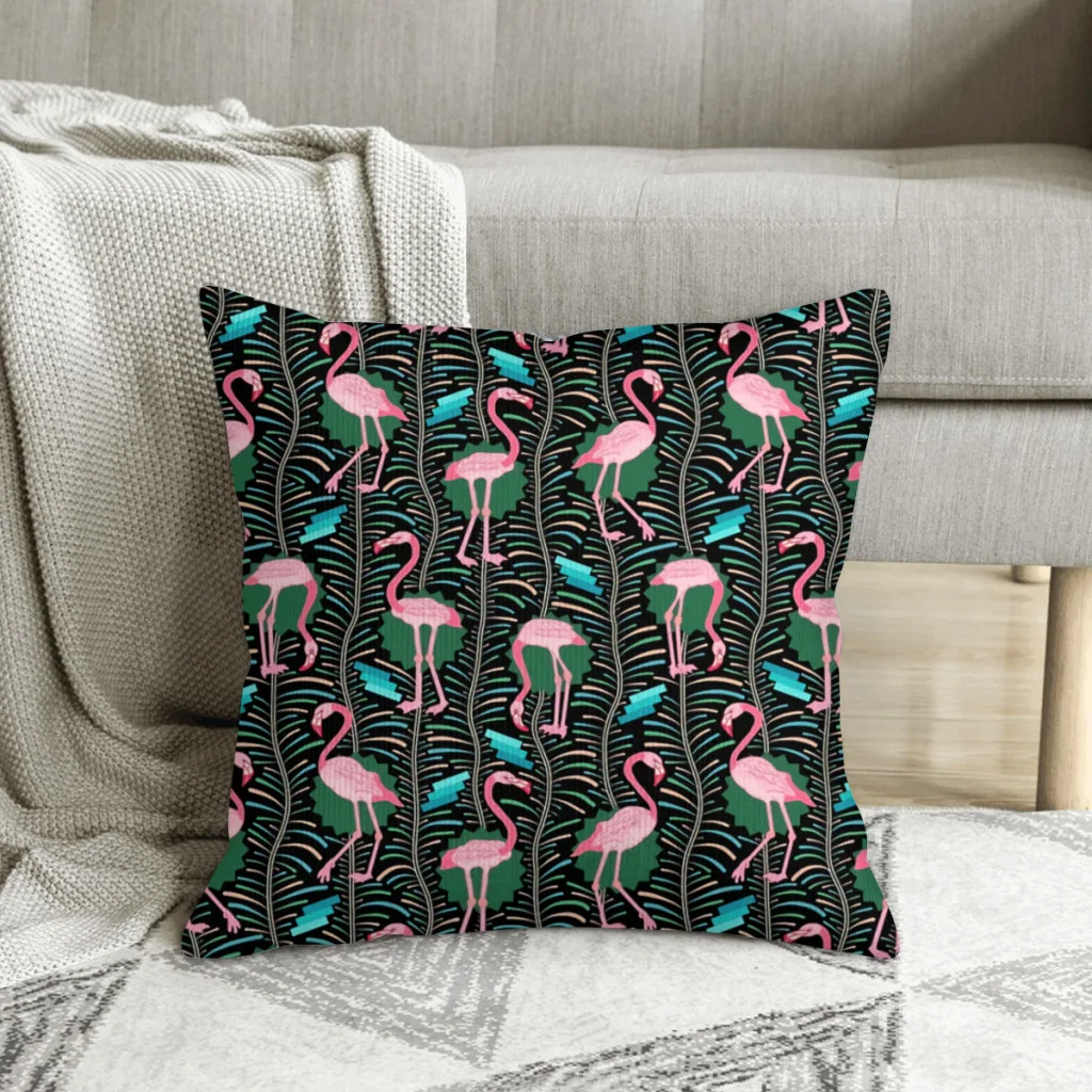 Pink Birds 20s Art Deco with Ferns Flamingo Boho Polyester Cushion Cover For Sofa Car Decorative Breathable Coussincase