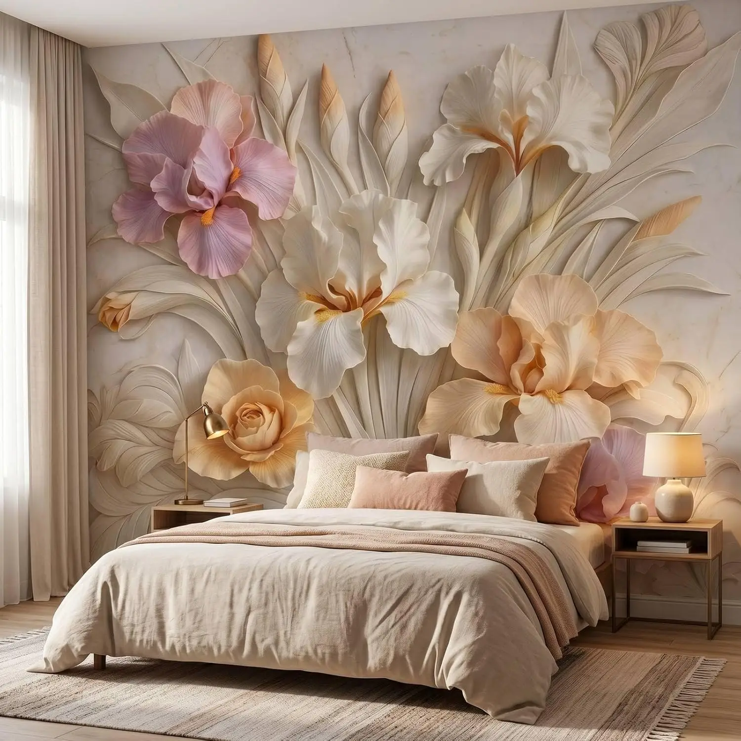 Elegant Large Floral Wall Mural Tapestry Wallpaper Botanical Lily Orchid Design Luxury Beige Room Decor Accent Piece