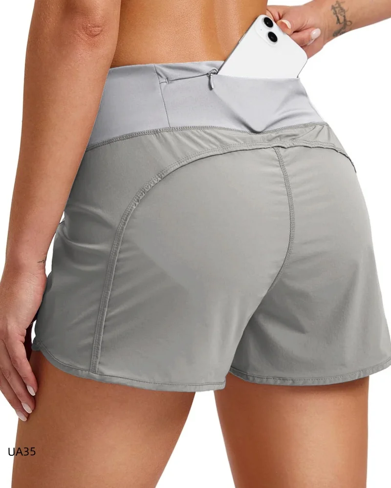 Women High Waist Running Shorts Quick Dry Double Layer Anti Chafe Athletic Shorts With Back Hidden Pocket Gym Workout Sports