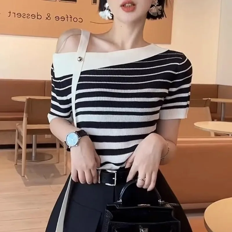 

Женские осенние вязаные тонкие трикотажные изделия с короткими рукавами, винтажные полосатые модные топы, офисные женские шикарные пуловеры с открытыми плечами