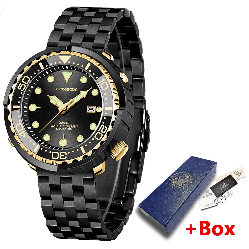 Mens Watches 5ATM Sports Waterproof Quartz Wristwatch Luminous Clock with Steel Bezel Watch for Men Relogio Masculino+Box