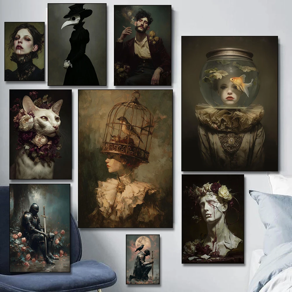 Gothic Birdcage Head Victorian Vampire Girl Portrait Poster Dark Romantic Woman Canvas Painting Print Wall Picture Home Decor