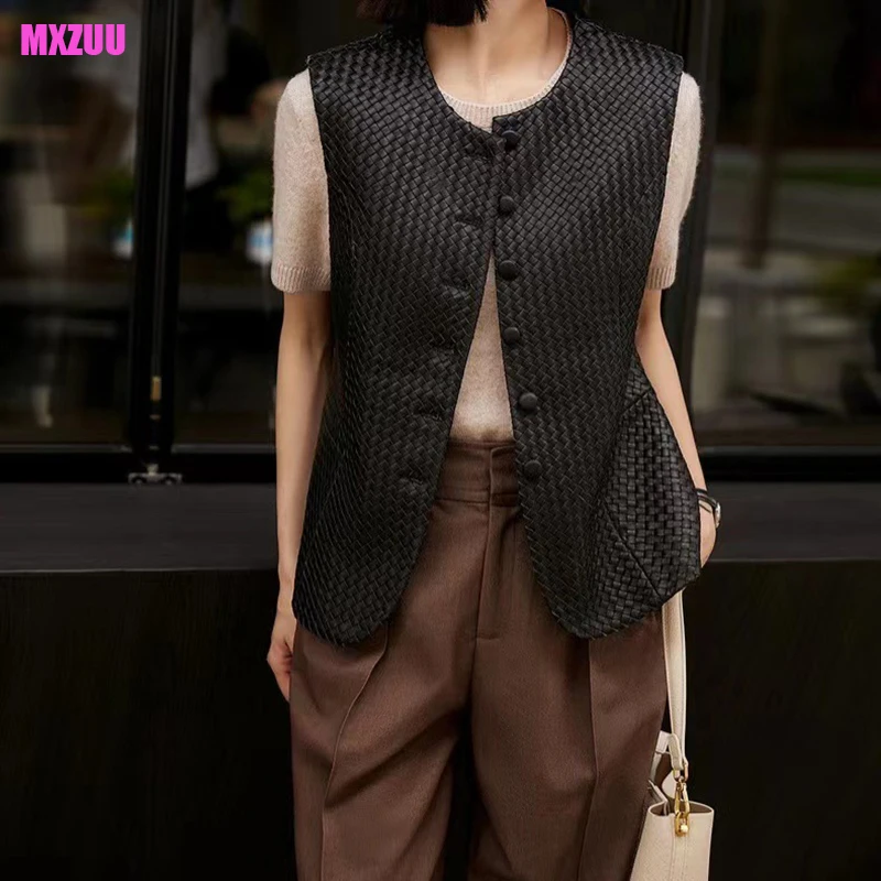 Genuine Leather Vest for Women Spring Autumn Commuting Style Casual Fashion Hand-Woven Sheepskin Chaleco Mujer Sleeveless Jacket