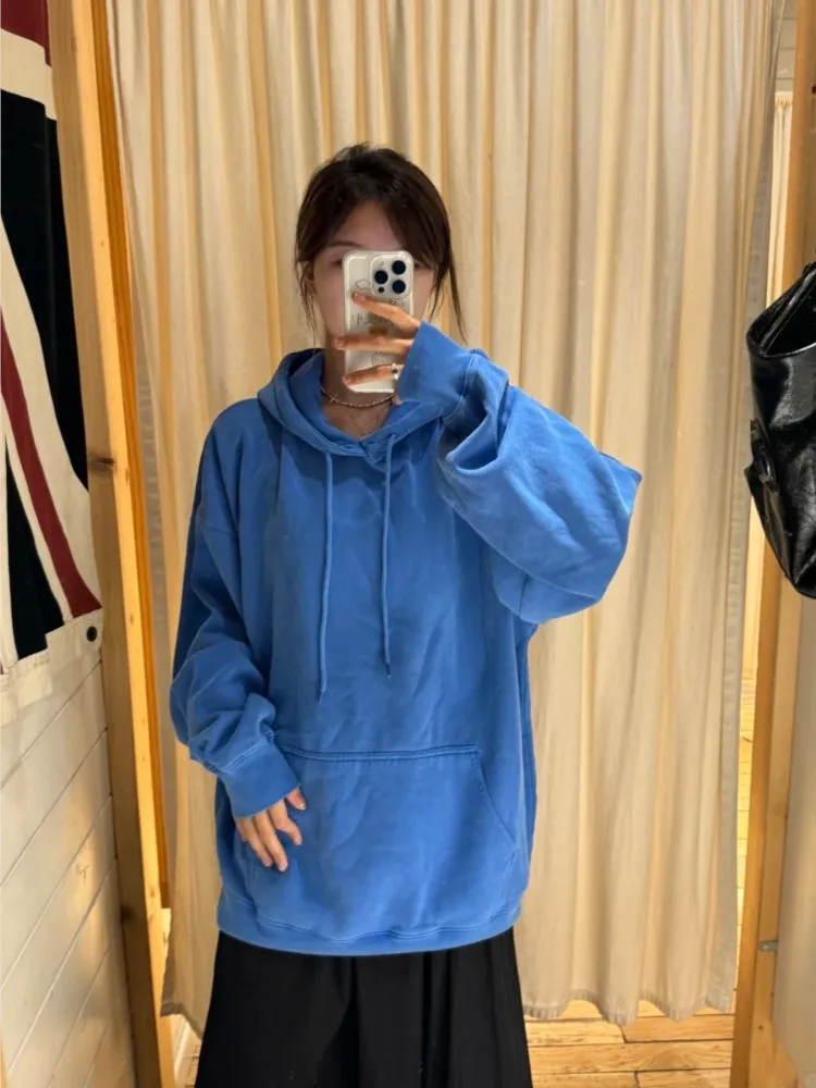 الكهربائية الأزرق فضفاض بلوزات المرأة الخريف نمط Preppy الدافئة القطن بلوزة كاجوال قمة الموضة شيك المعتاد Y2K هوديس جديد