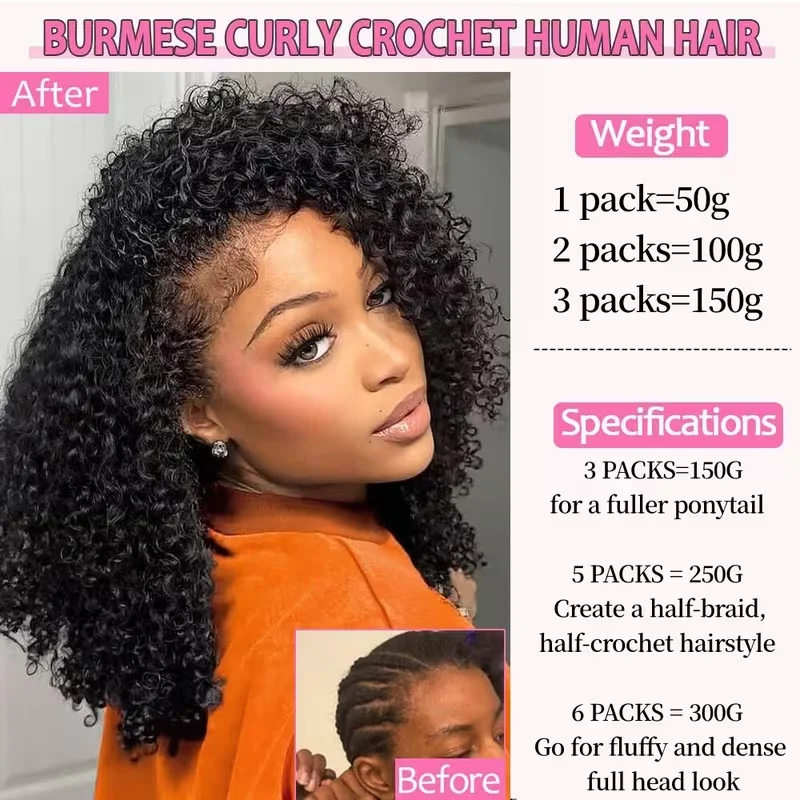 Human Crochet Hair Burmese Curly Extensions Pre-Separated Invisible Knots Feather Crochet Human Hair Extensions Natural Black