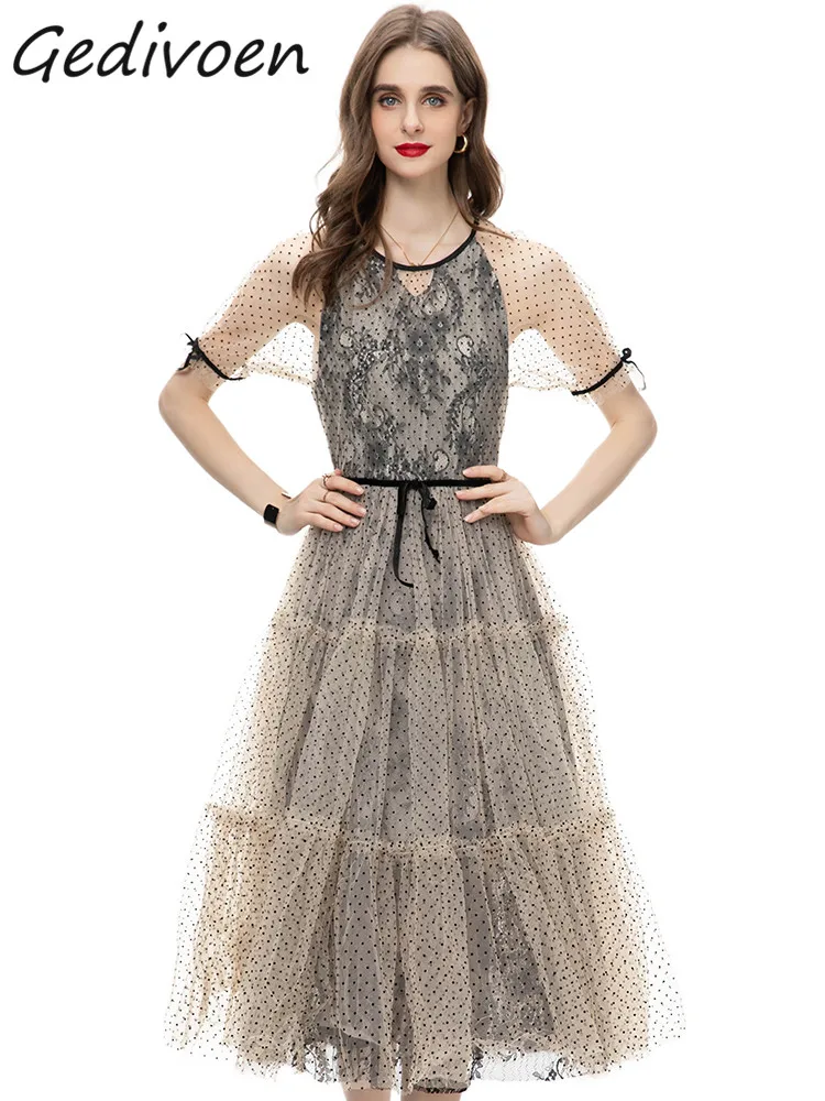 

Gedivoen Autumn Fashion Designer Vintage Dot Mesh Dress Women's O Neck Short Sleeve Bow Ruffles Lace High Waist Slim Long Dress
