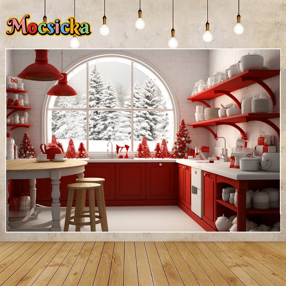 Mocsicka ฉากหลังถ่ายภาพฤดูหนาว, สีแดงคริสต์มาสชุดรูปแบบห้องครัวธีมวันหยุดงานเลี้ยงครอบครัวเด็กภาพฉากหลังสตูดิโอ
