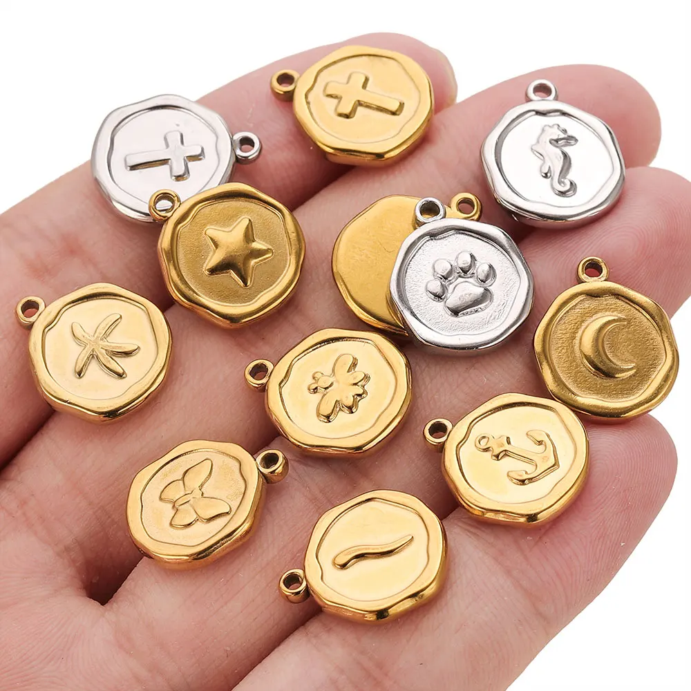 5pcs Stainless Steel Round Charm Starfish Conch Heart Eye Shell Starfish Pendant for DIY Earrings Necklace Jewelry Accessories