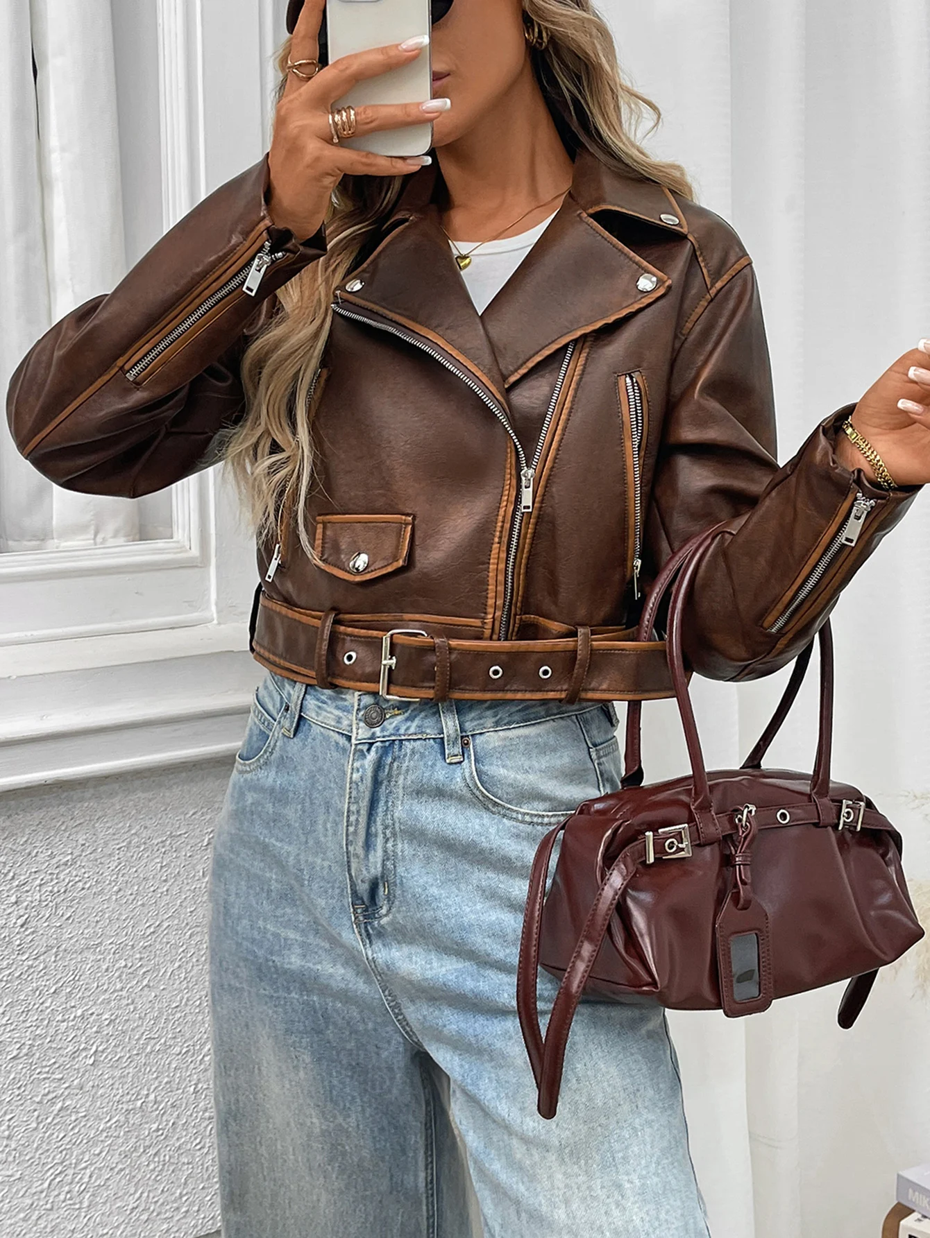 Fitaylor Spring Autumn Women Faux PU Leather Jacket Vintage Lapel Zipper Jacket High Street Motorcycle Jacket