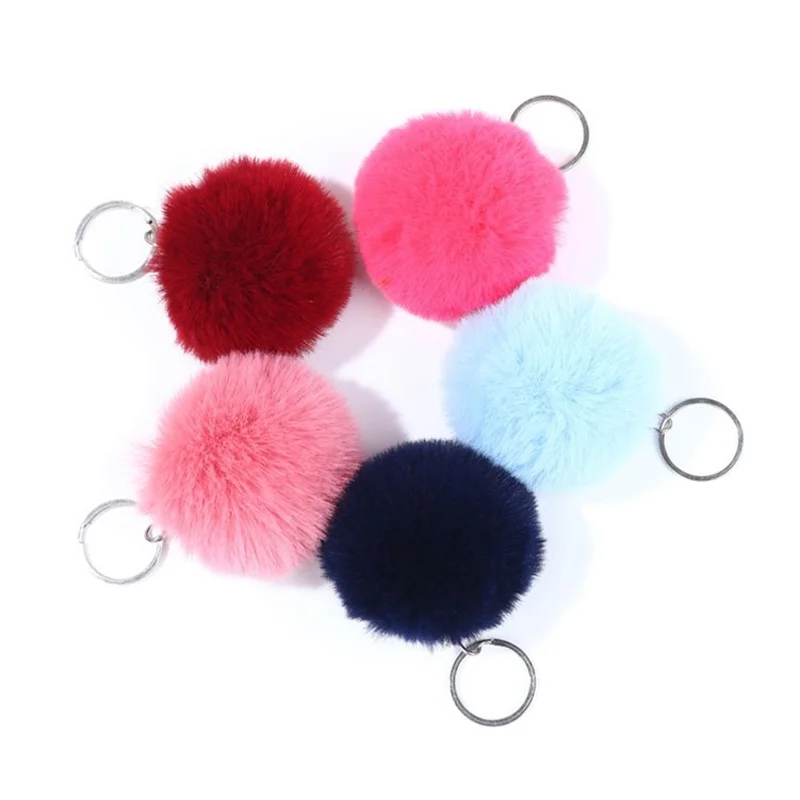 8CM Fluffy Rabbit Fur Ball Key Chain Cute Candy Colors Pompom Artificial Rabbit Fur Keychain Women Car Bag Key Ring