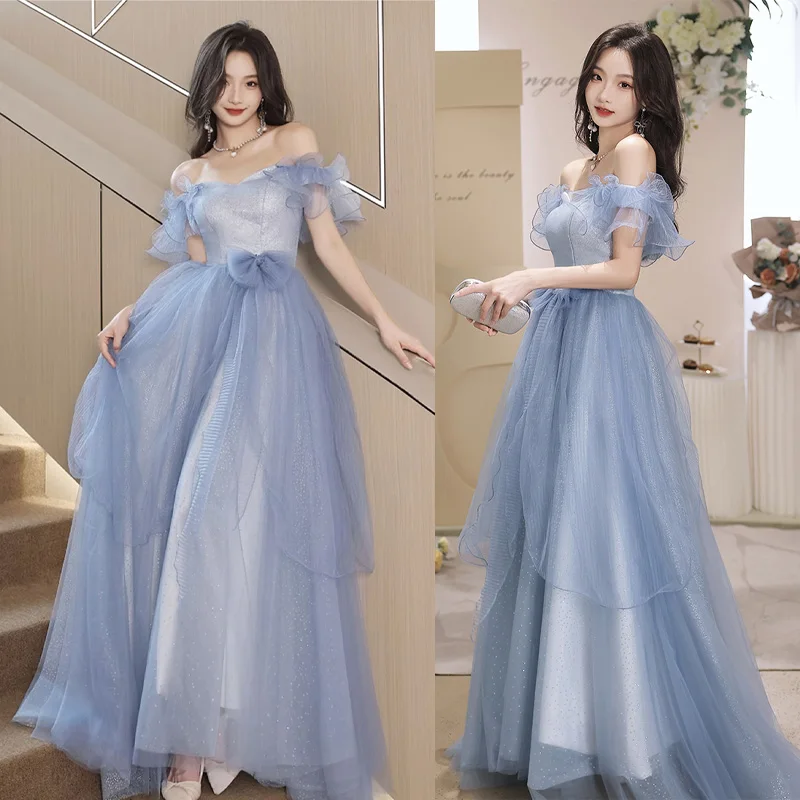 

It's Yiiya Blue Sequins Boat Neck Short Sleeves Floor-Length Lace Up Pleat A-Line Elegant Formal Dress Dress Woman Party A2797