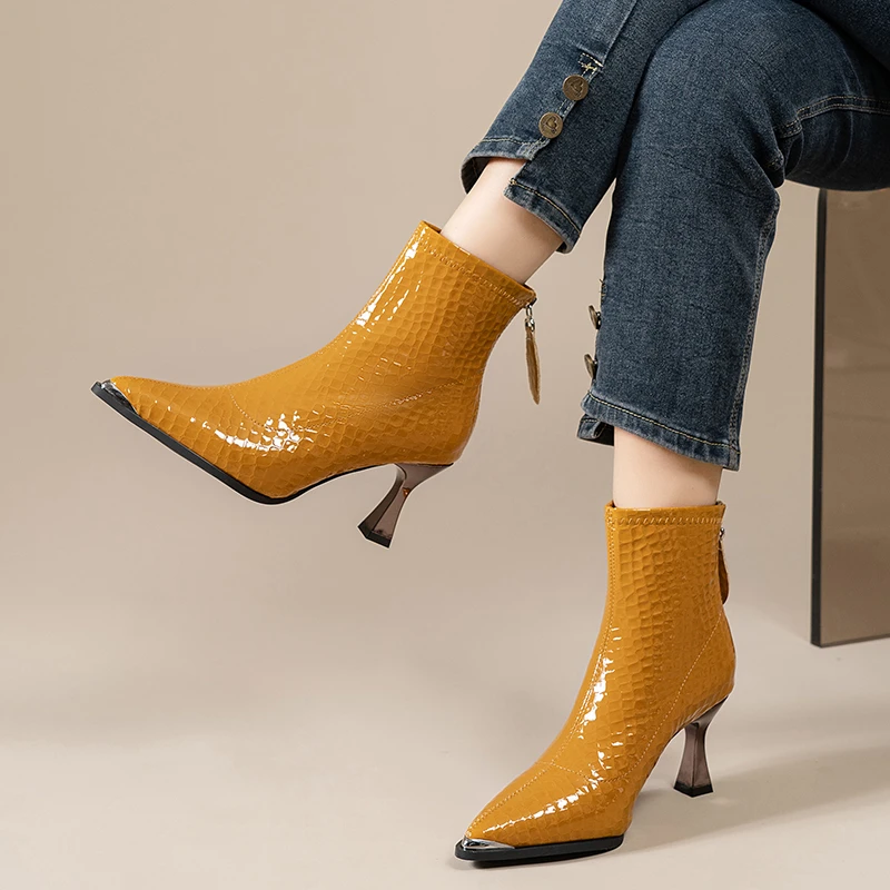 

Pointed Toe Back Zip Stiletto Heel Booties Fashion Collision-Resistant Metal-Toe Patent Leather Slip-Resistant Heels