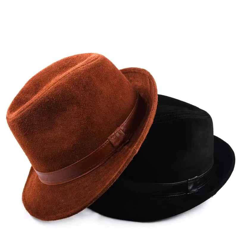 男性用本革フォーマルハット-ジャズ紳士-牛革スエード-ショートブリム-ブラウン-フェドラトップハット-フェドラハット-メンズ-ドレスハット