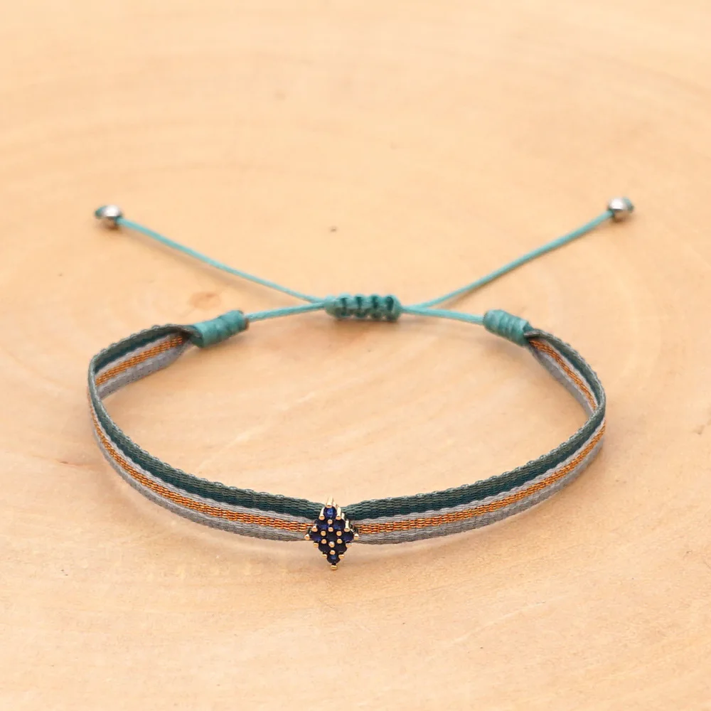 Handmade Cloth Fabric Bracelet, Braided Design & CZ Heart