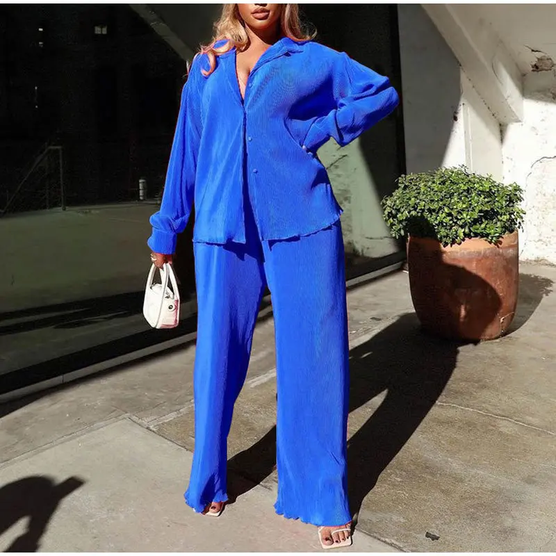 

New Fashion Pleated Pant Sets For Women Long Sleeve Oversized Shirt and Wide Leg Pants Hight Street Office Two Piece Set