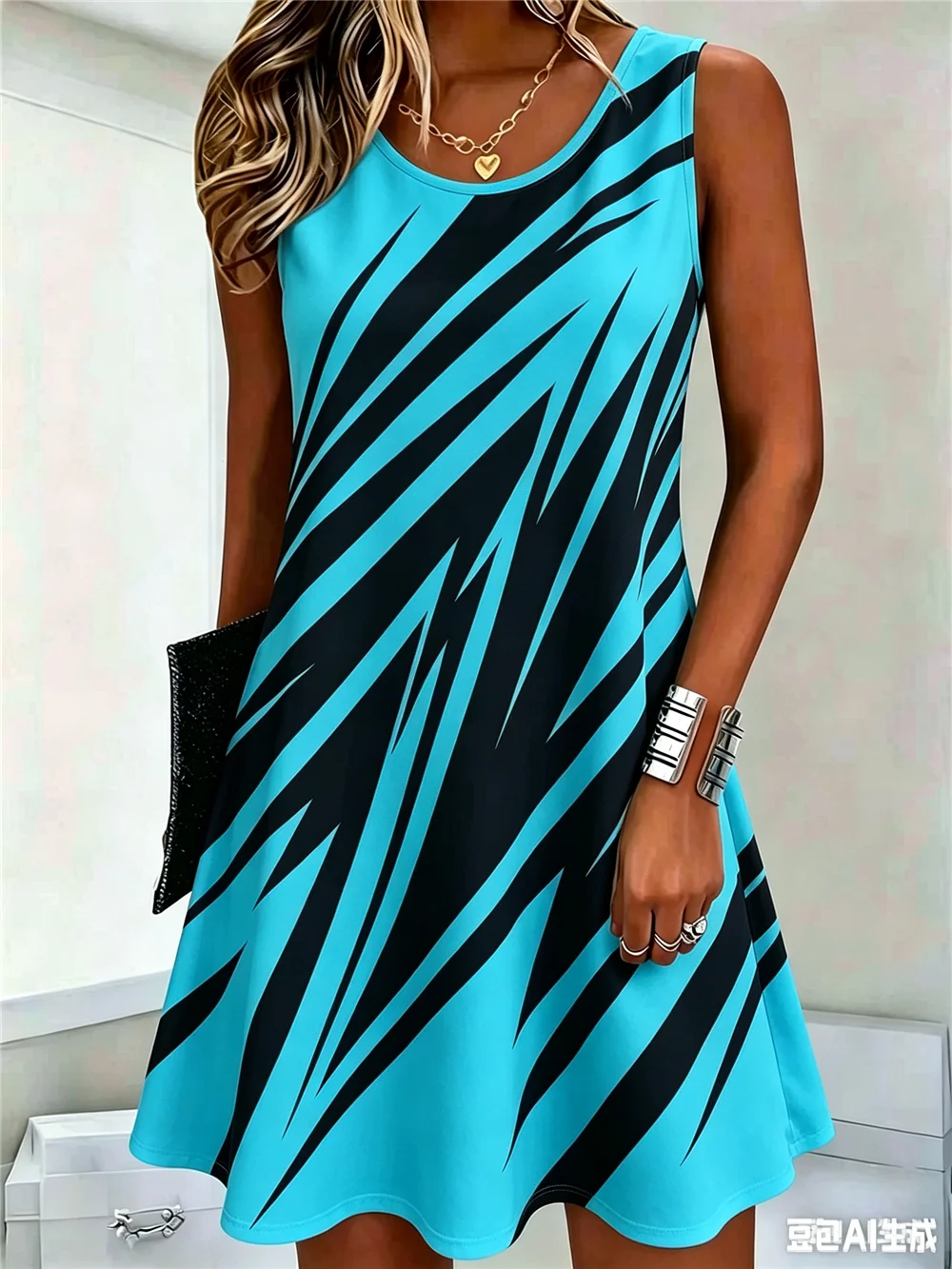 Women Striped Pattern Fashion Mini Dresses Summer Sleeveless 3D Printed Ladies Trend Dress 3XL Plus Size Casual Dress