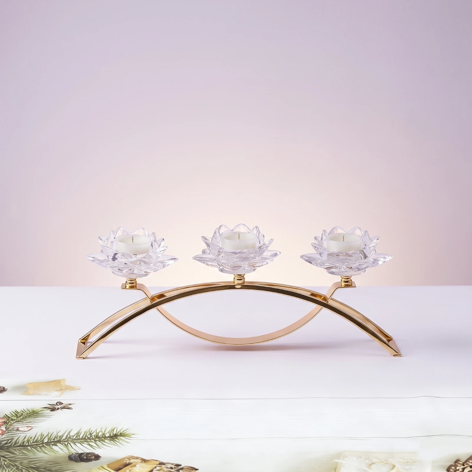 Bridge Candle Holder Gold 3-Candle Holder Three-Arm Candelabra Arched Decor Metal for Brides, Wedding Tables, Romantic Dinners