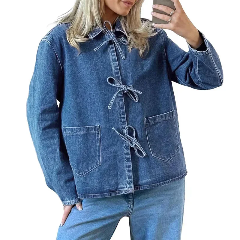 Spring Autumn Women Denim Shirts Office Lady Lace Up Blouses Solid Color Pocket Outerwear Turn-down Collar Long Sleeve Tops