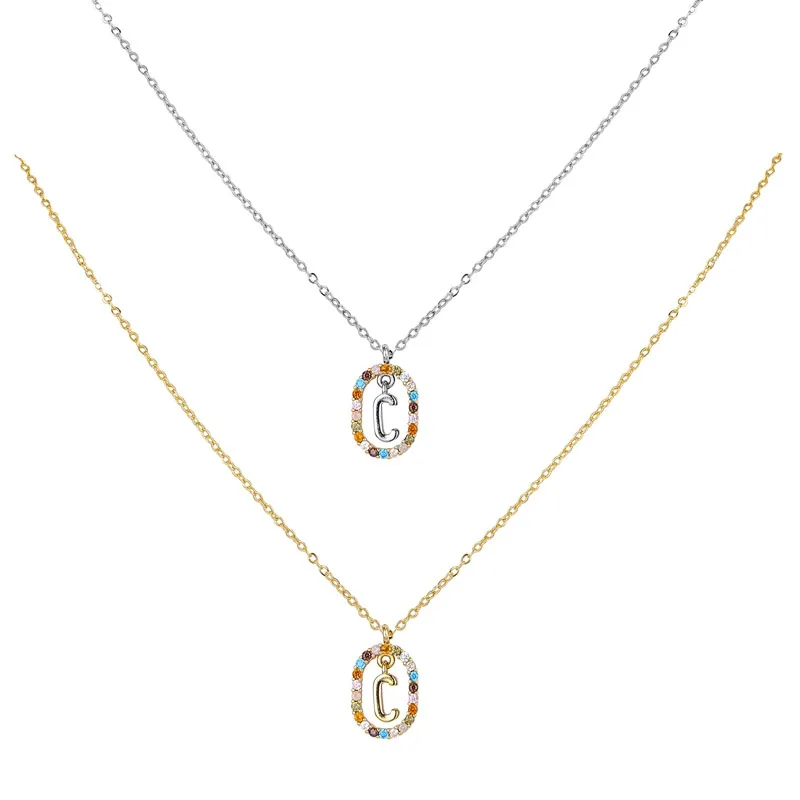 ANENJERY Colorful Cubic Zircon 26 Capital Letter Pendant Necklace For Women Silver Color Choker Chain Jewelry Wholesale