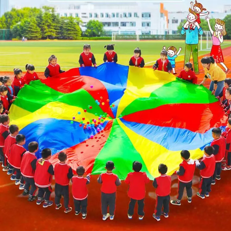 2-6M Diameter Outdoor Camping Rainbow Umbrella Parachute Toy Jump-Sack Ballute Play Interactive Teamwork Game Toy For Kids Gift