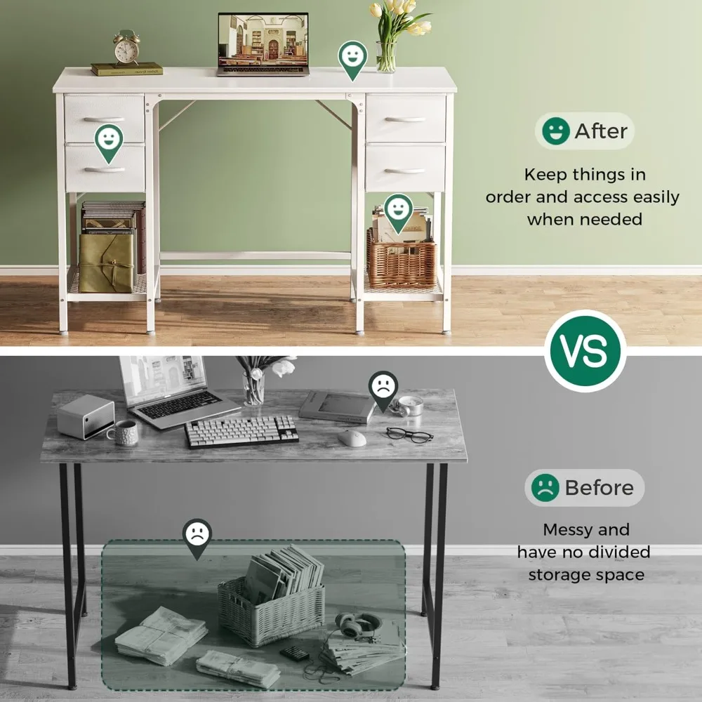 مكتب أبيض كبير مقاس 47 بوصة مع 4 أدراج، وطاولة دراسة ذات رف شبكي، ومكتب كمبيوتر منزلي مع مساحة تخزين كبيرة #5